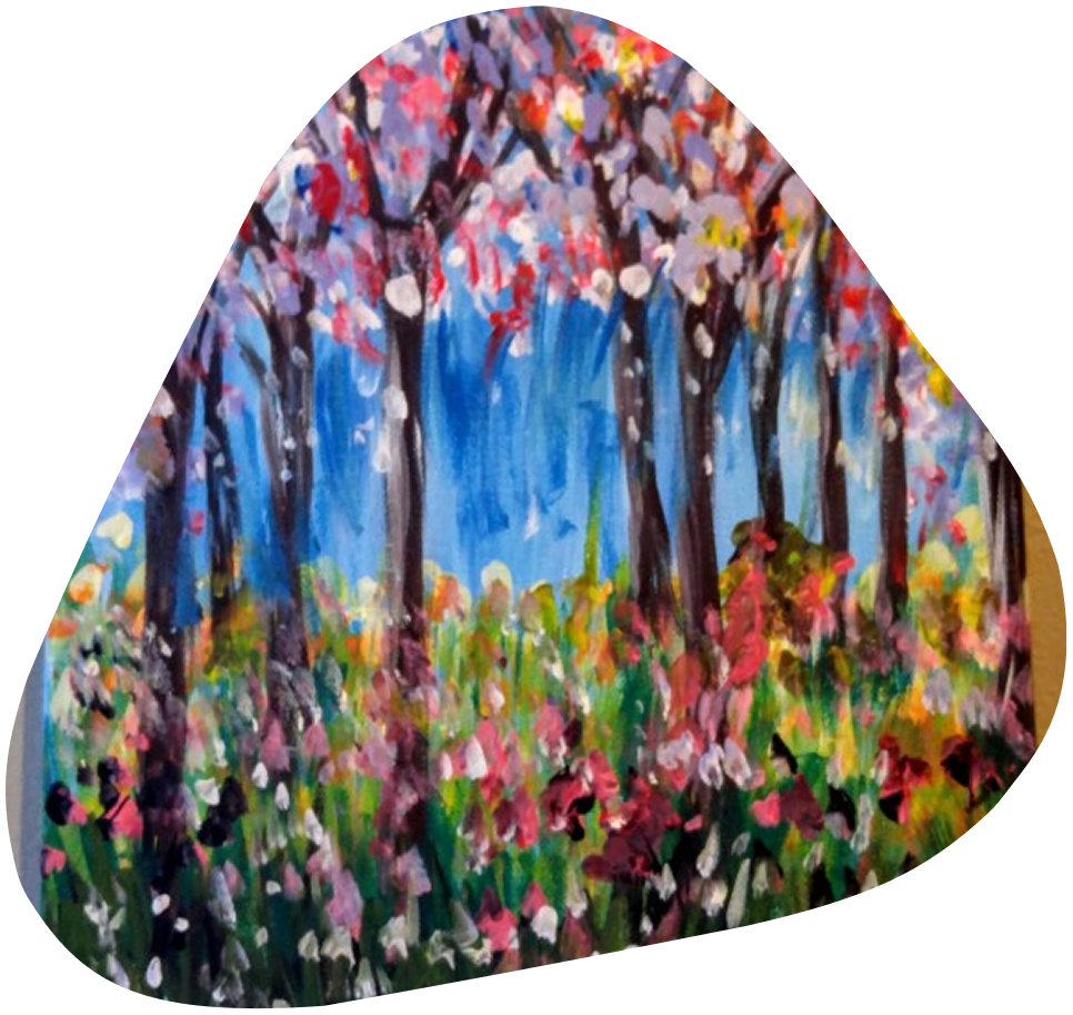 A painting of trees and flowers in the background.