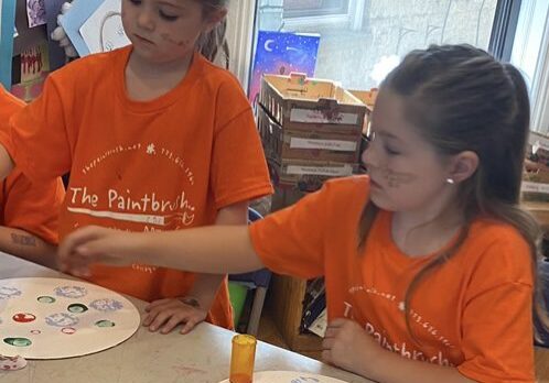 Two children are sitting at a table with paper plates.